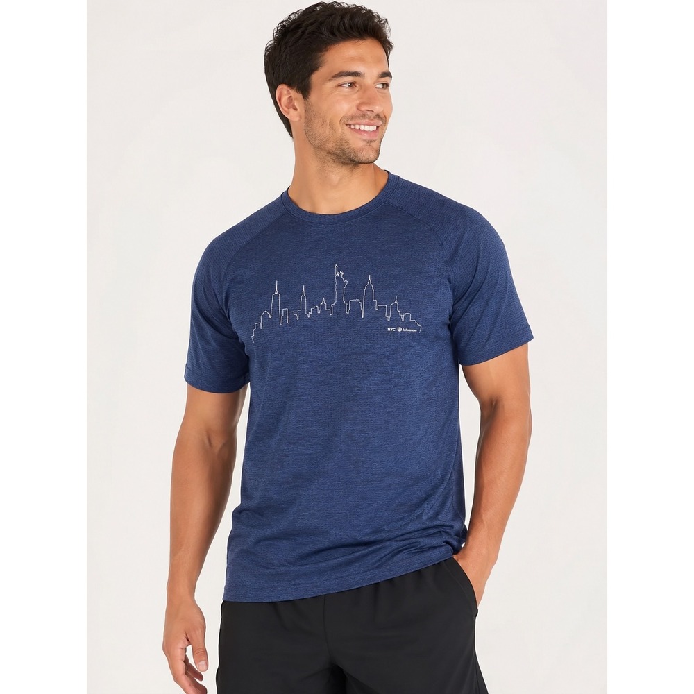 Lululemon Mens Metal Vent Tech NYC Skyline Graphic Short Sleeve Shirt Blue Large